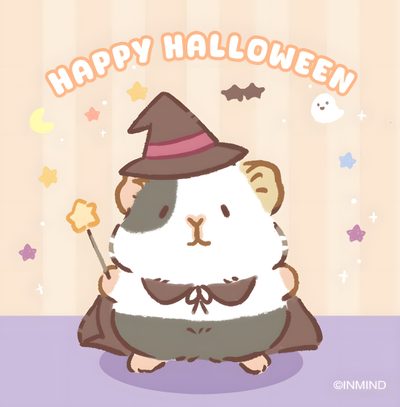 a cartoon hamster wearing a witches hat and holding a wand in its paws with the caption happy halloween Halloween Guinea Pig Hamster Japanese Anime, Japanese Hamster Character, Cute Animal Drawings Kawaii, antique white