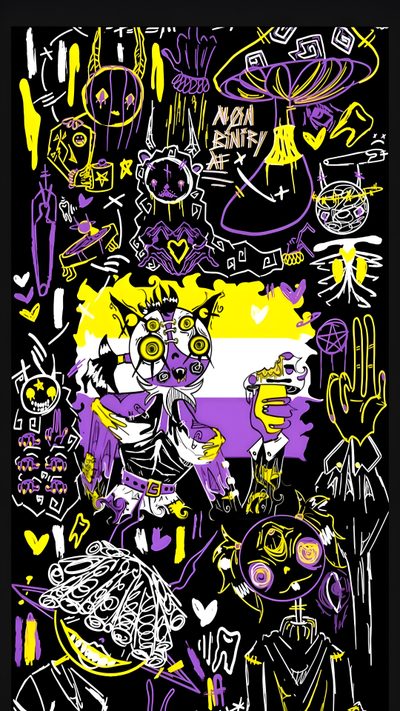 an abstract painting with yellow, purple and white colors on black background is featured in this image Nonbinary Halloween They Them, Enby Aesthetic, Pride Backgrounds, Nonbinary Art, Nonbinary Halloween, black