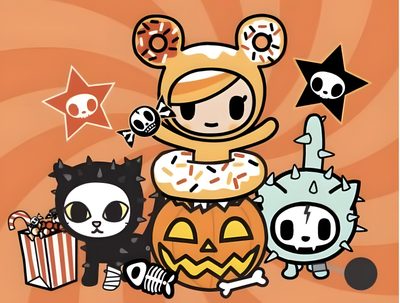 an image of some cartoon characters with pumpkins and donuts in front of them Tokidoki Halloween Ciao Ciao, Tokidoki Characters, Oki Doki, Soft Cell, Kawaii Halloween, peru