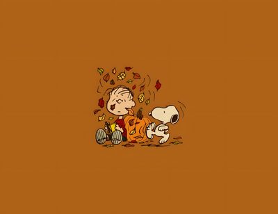 the peanuts and charlie brown wallpaper with autumn leaves falling from their branches, as well as an orange background Charlie Brown Halloween Laptop Laptop Pinterest Snoopy Fall Laptop, Fall Backround Macbook, Fall For Laptop, sienna