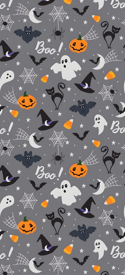 halloween seamless pattern with bats, pumpkins and ghost faces on grey background for wallpaper Phone Halloween Image Halloween, Halloween, Halloween Images, October, Halloween Cute, dim gray