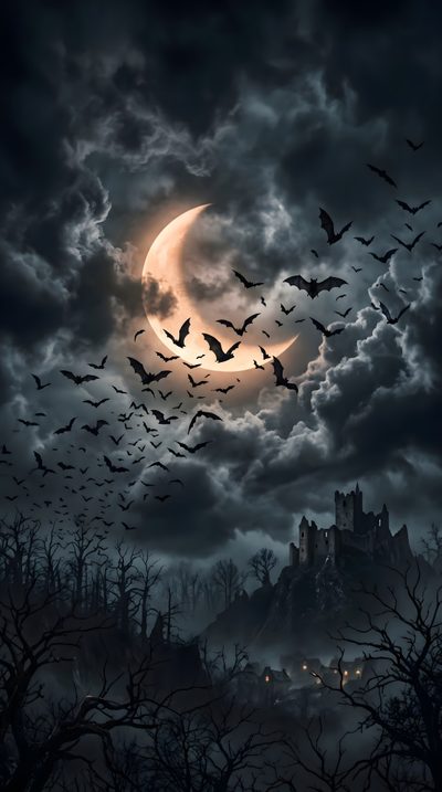 a full moon with bats flying in the sky over a castle and trees at night Halloween Sky Cool Halloween, Free Download, Halloween, Halloween Night, Halloween Art, dark slate gray