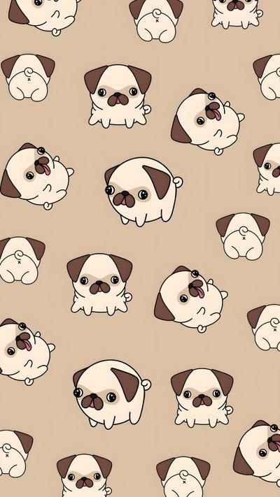 a bunch of dogs that are on a brown background with black and white outlines Halloween Pug Iphone Cute Pug, Pug Ideas, Pug Background, Pug Design, Cute Pug Pattern Background, tan