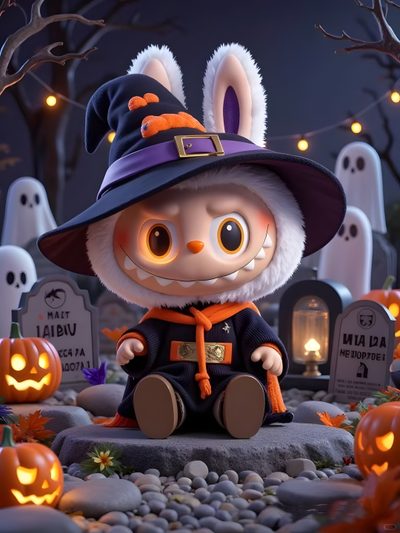 a little bunny dressed as a witch sitting in front of some tombstones and pumpkins Halloween Labubu Scary Labubu, Halloween Labubu Background, Labubu Pumpkin Painting, dark slate gray