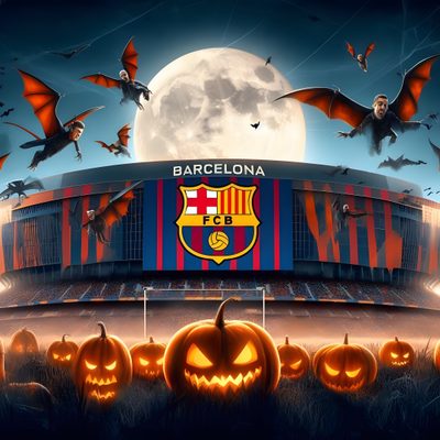 barcelona's stadium is decorated for halloween with bats and pumpkins Halloween Soccer Football Halloween, Halloween Soccer Decoration, Soccer Halloween, dark slate gray