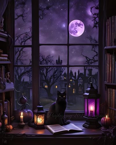 a cat sitting on top of a window sill next to a book and lantern Halloween Purple Cats Custom Witchy Scenery, Halloween Witchy, Spooky Witchy Background, dark slate gray