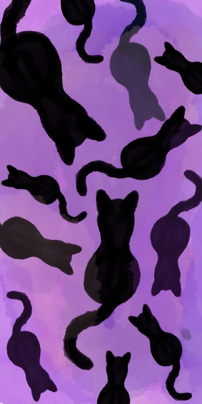 an abstract painting of black cats on a purple background Feline Halloween - Black On Lavender Purple Phone Aesthetic, Black And Purple Cat, Purple Halloween,