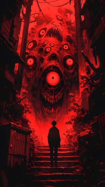 a man standing in front of a red background with an image of a scary creature Halloween Monsters Lovecraftian Horror, Lovecraftian Horror Art, Horror Comic Art, Scariest Monster Art, black