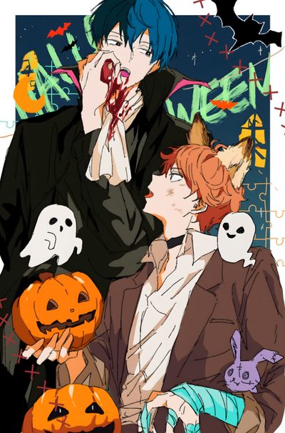 two anime characters with pumpkins and ghost faces in front of the camera, one holding his face up to his mouth Haikyuu Halloween Hinata X Kageyama Fanart, Halloween, Hinata Shoyo Halloween, dark olive green