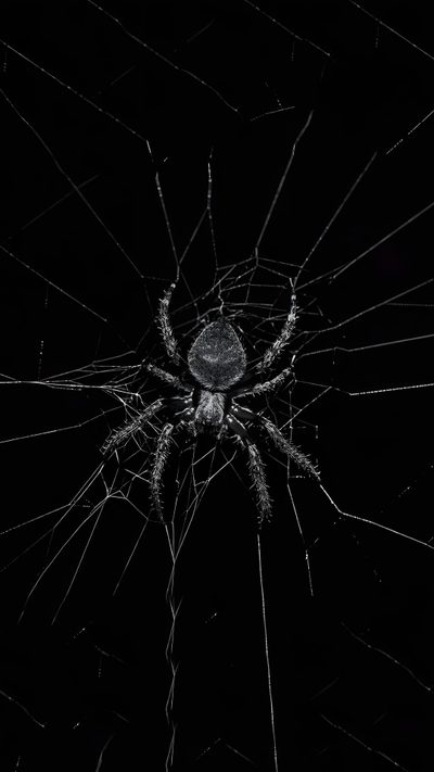 a black and white photo of a spider on its web in the dark night sky Black Iphone Halloween Aesthetic For Watch Face, Spider Web And Spider, Spider With Web, Spider For,