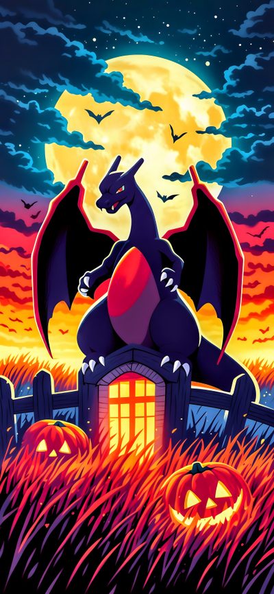 a dragon sitting on top of a building in front of a full moon with bats Halloween Pokémon Halloween Charizard, Pokémon Halloween, Halloween Pokémon, dark slate gray