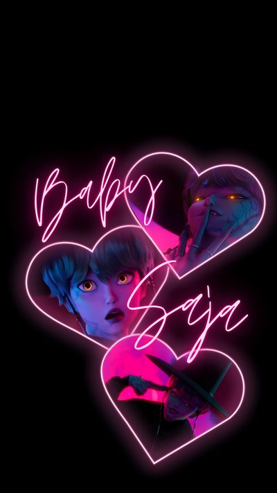 two people with neon lights in the shape of heart and text that says, baby boy Baby Saja Halloween Cute Kpop Demon Hunters, Baby Saja Halloween, Baby Saja Phone Backgrounds, black