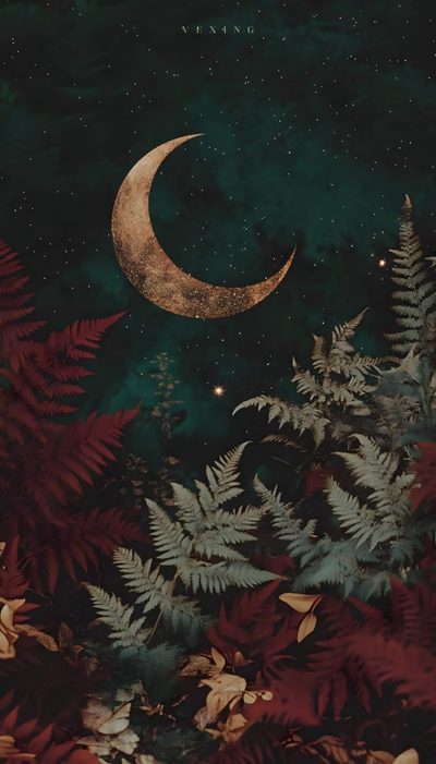 the moon is shining in the night sky over some trees and plants with red leaves Halloween Botanical Witchy Background Images, Witchy Background Iphone, Witchy Background, black