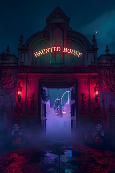 an entrance to a halloween themed house with lights on and fog in the air at night Halloween Haunted Hotel Dark Fantasy, Haunted House Attraction, Guy Selfies, Haunted House, midnight blue