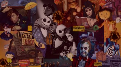 a collage of halloween characters including jack skellingy and the person in the background Tim Burton Halloween Whimsical Chromebook, High Quality For Desktop, Tim Burton Hd, dark slate gray