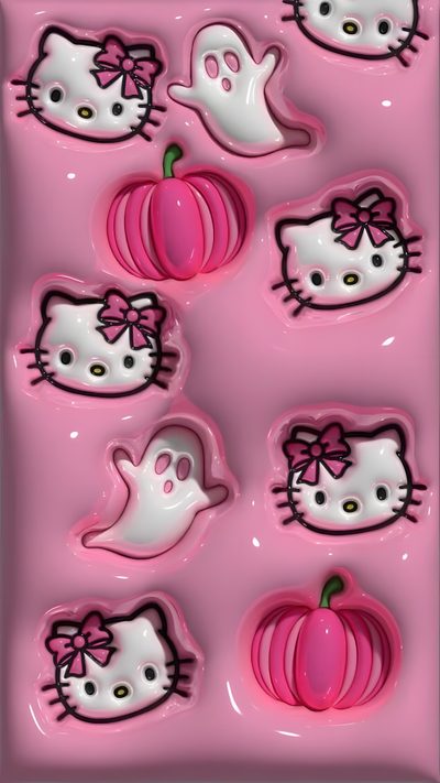 hello kitty pumpkins and ghost faces on pink background Halloween Hello Kitty 3d Hello Kitty Halloween, Hello Kitty Con, 3d Iphone, pale violet red