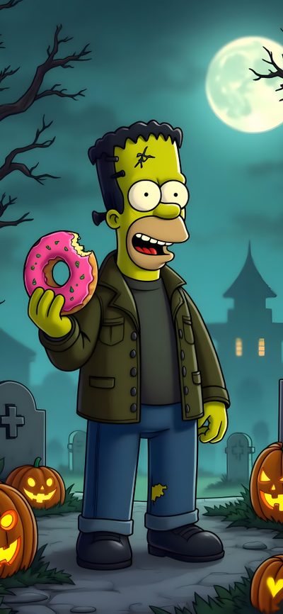 the simpsons is holding a donut in front of some pumpkins and trees at night Simpsons Halloween 4k Homer Simpson Photo, Bart Simpson Halloween, Simpsons Halloween Iphone, dark slate gray