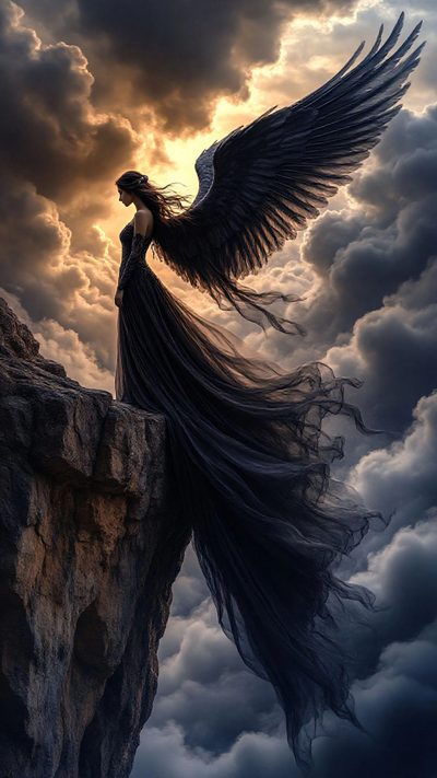 a woman standing on top of a cliff with an angel wings flying over her head Halloween Angel Thunder Angel, Blue Angel Photos, Blue Angle, Angel With Lightning, dark slate gray