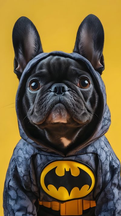 a small dog dressed up in a batman costume with his ears sticking out and eyes wide open Halloween French Bulldog Frenchie, Iphone French Bulldog, French Bulldog Iphone, dark olive green