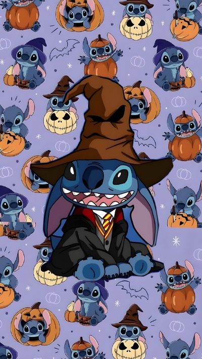 an image of a cartoon character wearing a witches hat Lock Screen Stitch Halloween Lilo And Stitch Halloween, Stitch Halloween Iphone, Lilo Halloween, gray