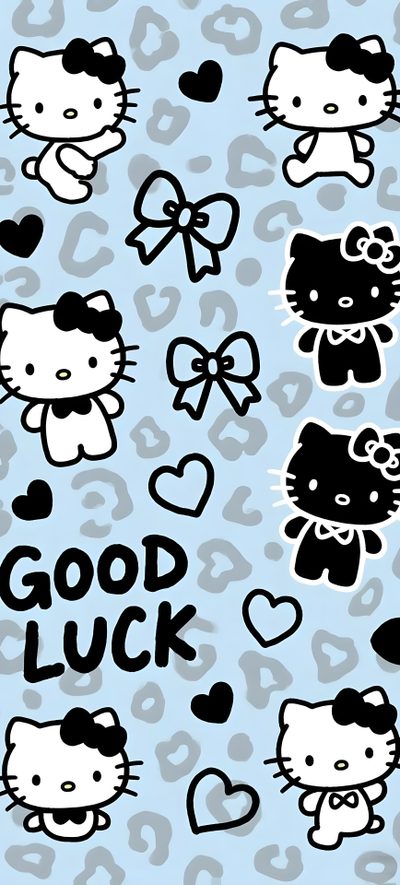 hello kitty wallpaper with the words good luck written in black and white on a blue background Blue Hello Kitty Halloween Gold Hello Kitty, Light Blue Hello Kitty, Blue Hello Kitty Y2k,