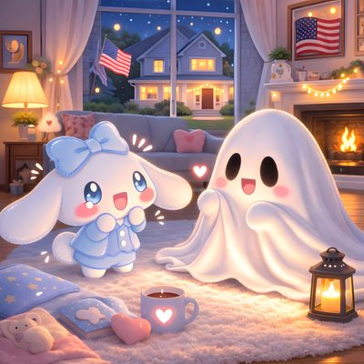 two stuffed animals sitting on top of a rug next to a fire place in a living room Cinnamoroll Halloween Ipad Buddha Bowl, Ghost, Hello Kitty, Kitty, rosy brown