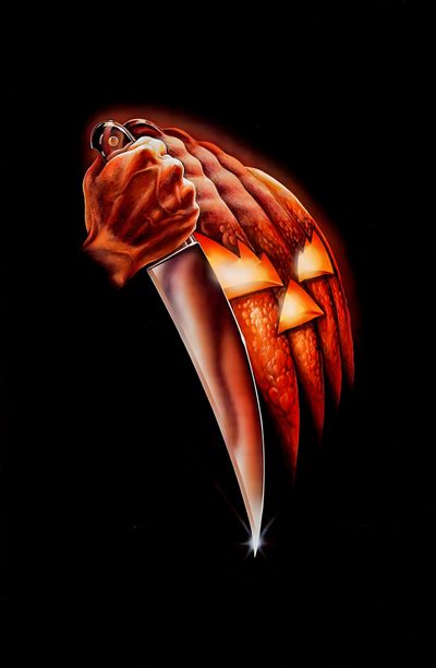a painting of a hand holding a knife in the shape of a jack - o'- lantern Halloween 1978 Halloween 3 Poster, Halloween 2 Poster 1981, Halloween Original Poster, black