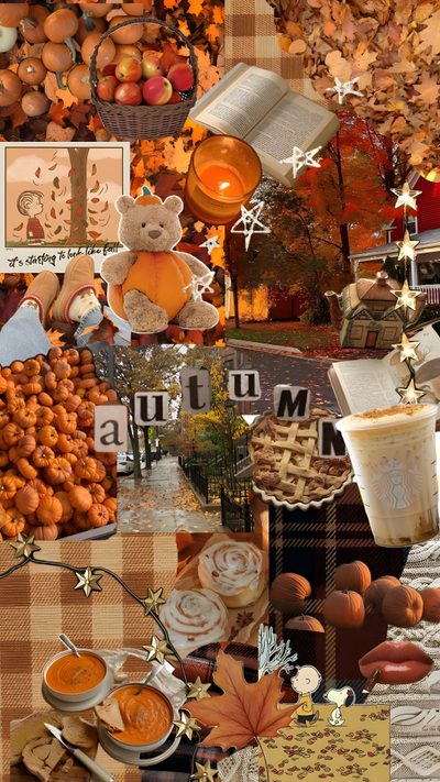 a collage of autumn food and decorations Autumn Aesthetic Halloween Collage Fall Background, September, Autumn Phone, sienna