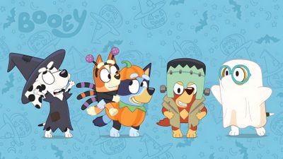 five cartoon characters standing in front of a blue background Bluey And Bingo Halloween Cool For Pc, Kawaii, Pc, Phone Backgrounds, Cool, Bingo, sky blue