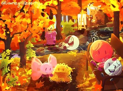 three cartoon characters are sitting in the woods with autumn leaves around them and one is holding a basket Bfdi Halloween Bfdi Season 1 Background, Ii2 Background, Bfb Christmas Fanart, Bfb Forest, chocolate