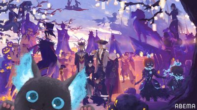 an image of a black cat surrounded by other cats and witches in the background with lights strung from above Twisted Wonderland Halloween Twst Pc, Twst Halloween, Twisted Wonderland Diasomnia Background, dark slate blue