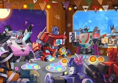 an image of a room filled with lots of toys and decorations on the table in front of a window Transformers Halloween Transformers Anniversary, Transformers Allspark, Transformers Thanksgiving Images, dim gray