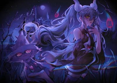 an anime character with long white hair sitting on the ground in front of other characters Halloween Miku Pc, Hatsune Miku, Ghost, Fan Art, midnight blue