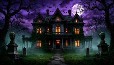 a creepy house with bats flying over it Halloween Landscape Format Mystic Illustration, Abandoned Mansion, Game Store, dark slate gray