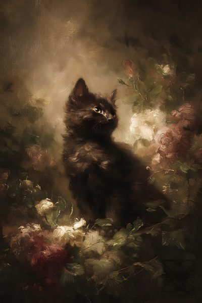 a painting of a black cat sitting in the middle of some flowers and looking up Aesthetic Halloween Flower Abstract Painting Cat, Drawing Cat Black, Dark Academia Aesthetic Background, dark slate gray