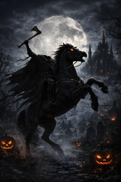 a horse that is standing on its back legs in front of a castle with pumpkins Halloween Headless Horseman Sleepy Hollow Tim Burton, Sleepy Hollow Headless Horseman, The Legend Of Sleepy Hollow, black