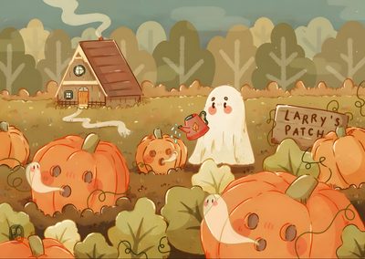 there are many pumpkins in the field Halloween Pumpkin Patch Cute Fall Art Drawings, Cute Halloween Landscape, Autumn Themed Cartoon Art, peru