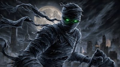 a creepy creature with green eyes standing in front of a full moon and cityscape Halloween Mummies Creative Logo, Scary Mummy, Fond D Ecran, Free Download, Mummy Background, dark slate gray