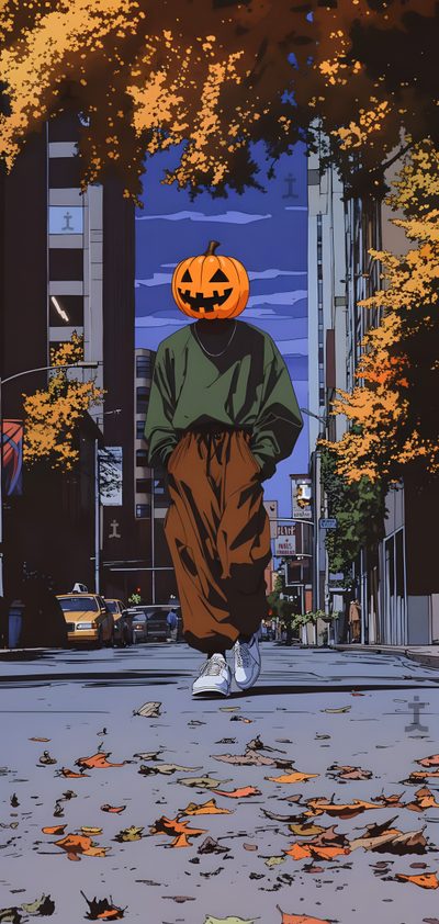 a person walking down the street with a pumpkin on their head Halloween Boy Halloween 2k, Halloween Portrait, Aesthetic Halloween Boys, Art Halloween, dark olive green