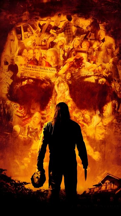 a movie poster with a man standing in front of a large skull and flames behind him Halloween Rob Zombie Halloween 2007, Halloween Ii, Free Halloween Movies, Rob Zombie's Michael Myers, dark red