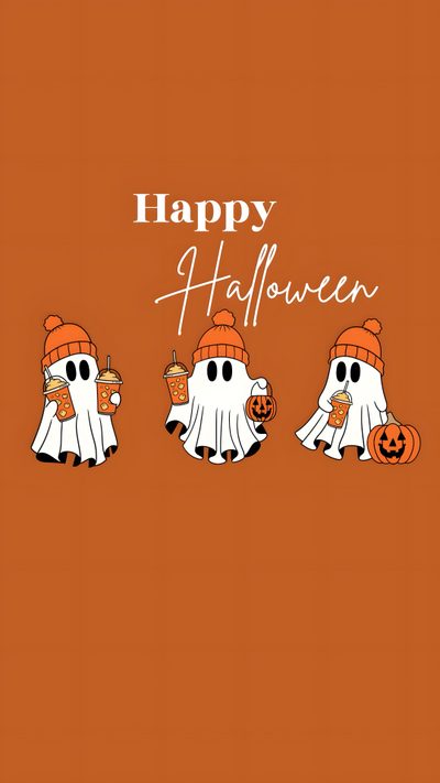 an orange background with three cartoon ghostes holding pumpkins and the words happy halloween Happy Halloween Aesthetic Fall Backgrounds Iphone, Halloween Live, Holiday Iphone, Paw, chocolate