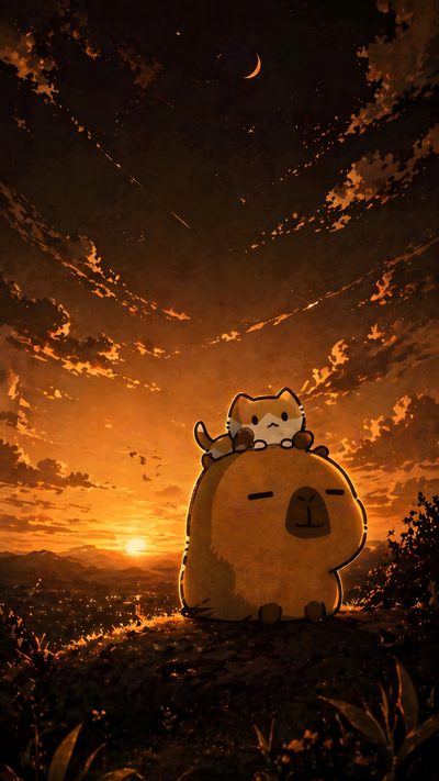 a cartoon character sitting on top of a hill under a cloudy sky with the sun setting Cute Capybara Halloween Capybara And Cat, Capybara, Capybara Iphone, Iphone Icon, Girl, Black,