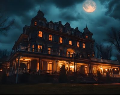 a large house lit up at night with the moon in the sky Halloween Haunted Hotel Ghost Hotel, Spooky Hotel, Mysterious Spooky Mansion, Haunted Hotel Exterior, black
