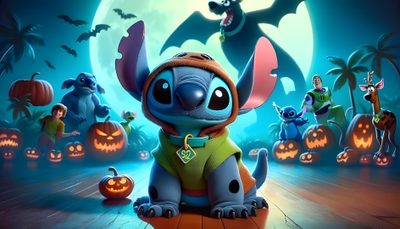 the characters from disney's halloween movies are sitting in front of pumpkins and bats Stitch Halloween Desktop Mickey Mouse Art, Mickey Mouse, dark slate gray