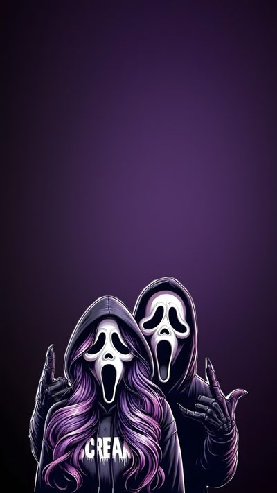 two people with long hair and masks on their faces, one wearing a hoodie Purple Halloween Boo Ghost Face With Pink Phone, Ghostface Pfp Pink, Pink Ghost Face Aesthetic, midnight blue