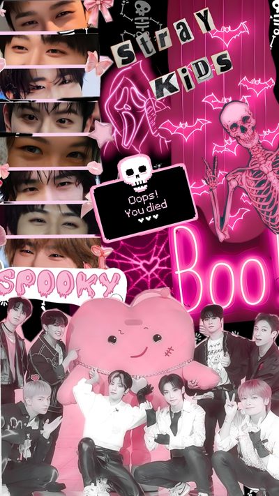 the collage has been altered to look like it is being used as a poster Halloween Stray Kids Pink Kpop Demon Hunters, Halloween Backgrounds, Cute Skz, Halloween, indian red