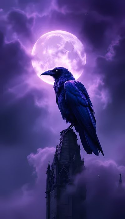 a black bird sitting on top of a building under a purple sky with the moon in the background Halloween Raven Fantasy Raven, Raven Background, Gothic Raven Iphone, Raven Phone Background, dark slate blue