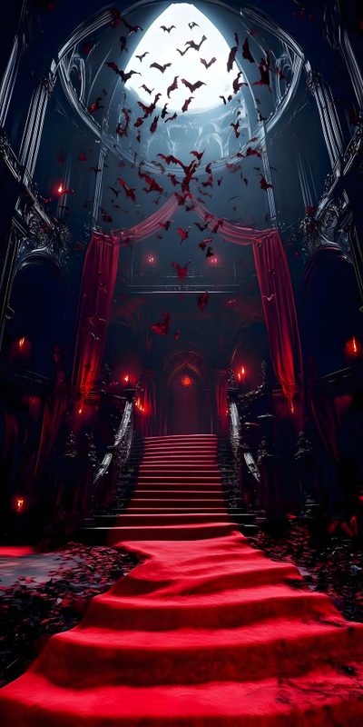 a red carpeted hall with bats flying in the air and on the floor is a staircase leading up to an entrance Halloween Vampire Background Red Background, Book Background, Dark Art Drawings, Vampire Castle, black
