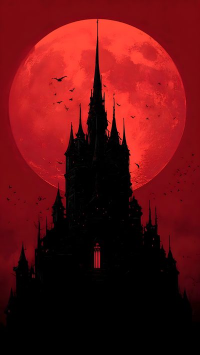 an image of a castle at night with the moon in the background Halloween Vampire Vampire Tower, Blood Moon Vampire, Blood Moon Drawing, Red Gothic, Vampire Castle, maroon