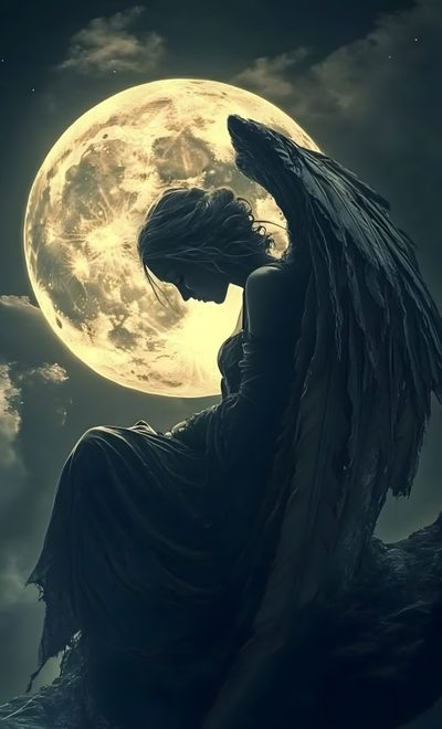 an angel sitting on top of a rock with the moon in the background Halloween Angel Angel Iphone, Angle, Fallen Angel Art, Cool Angel, Night Angel, dark slate gray